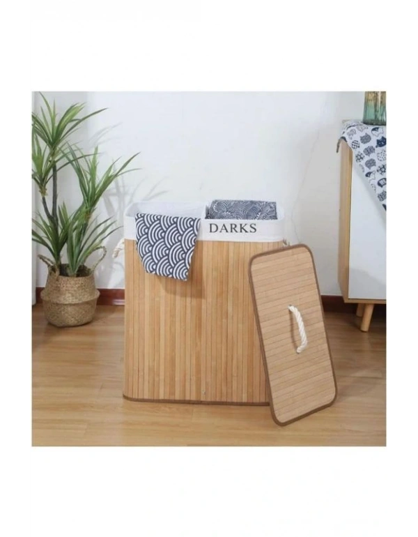 Katlanabilir Kirli Çamaşır Sepeti Kapaklı Yıkanabilir Astar 32x52x60 Siyah-Beyaz Kirli-Temiz Bambu ÇamasIr Sepeti