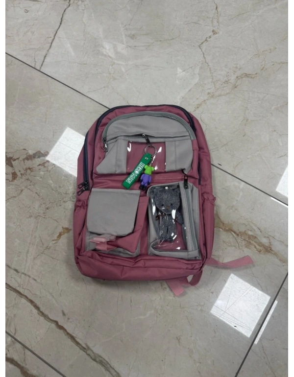 2 Gözlü Ayı Model Kore Tarzı İlkokul Sırt Çantası Anahtarlı Koyu Pembe