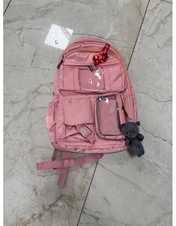2 Gözlü Ayı Model Kore Tarzı İlkokul Sırt Çantası Anahtarlı Açık Pembe