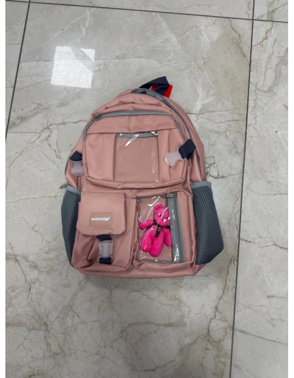 Ayı Model Kore Tarzı İlkokul Sırt Çantası Somon Gri Fileli