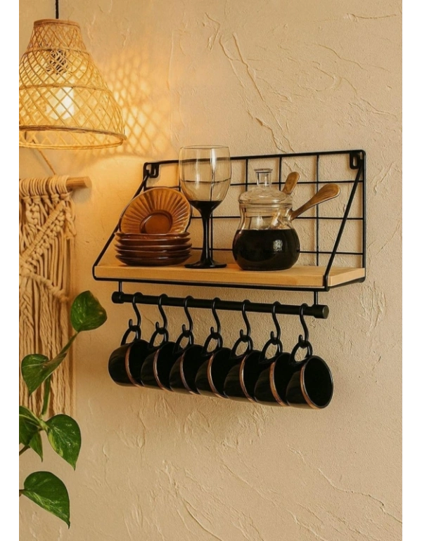 Ahşap Raflı Metal Fincan Askısı 6Lı