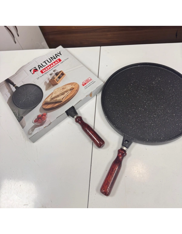 Yeni Model Vernik Saplı Hamarat Çift Taraflı Döküm Bazlama Gözleme Tava 34 Cm