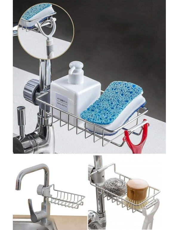 Metal Mutfak Lavabo Ayarlı Musluk Yani Organizer Bulaşık Sünger Düzenleyici  17,5 x 10 x 7 cm Metal Raf Musluk Rafı