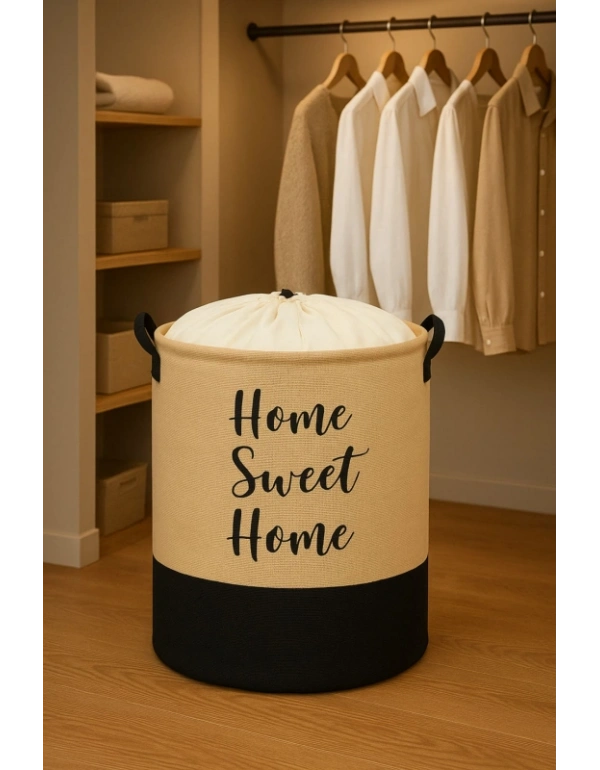 P. Jüt Su Geçirmez Tabanlı Home Sweet Ağzı Büzgülü Katlanır Kirli Çamaşır Dolap İçi Saklama Sepeti 37 x 40 cm