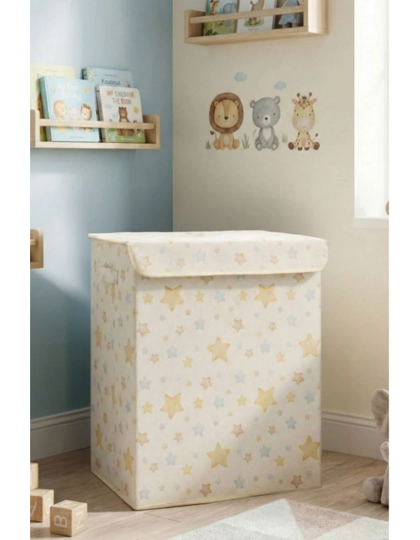 P. Yıldız Desenli Çok Amaçlı Kapaklı Oyuncak Çamaşır Saklama Kutusu Katlanır Düzenleyici 30x40x50 cm
