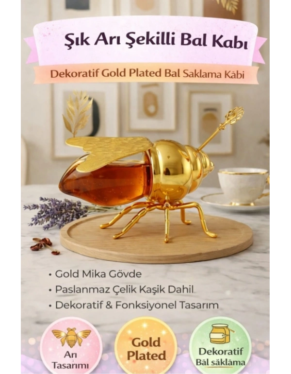 Arı Tasarımlı Bal Kabı Ballık  Kaşık Hediyeli Gold Kaplama Plastik