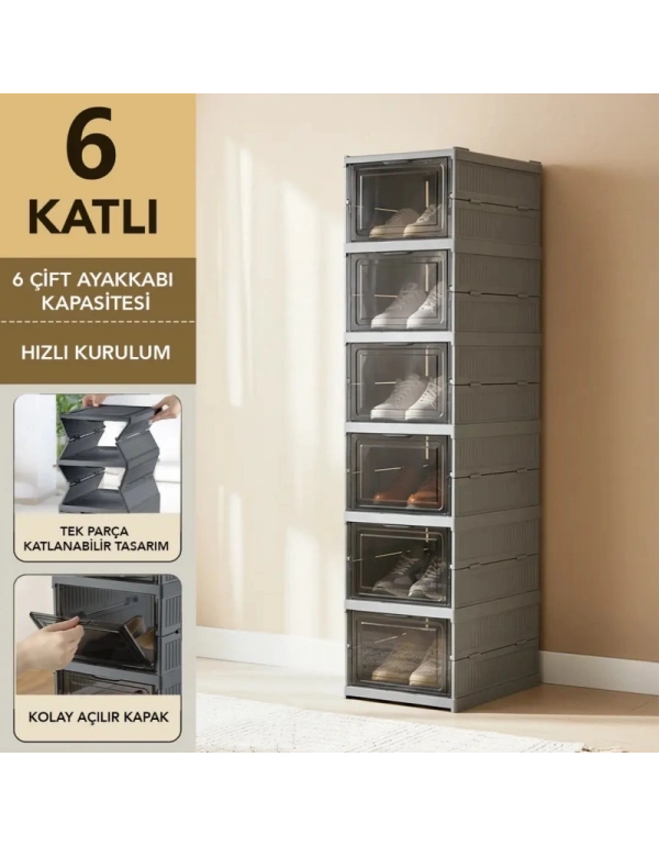 Brns 6 Katlı Lüks Ayakkabılık Terlik Kutusu GRİ