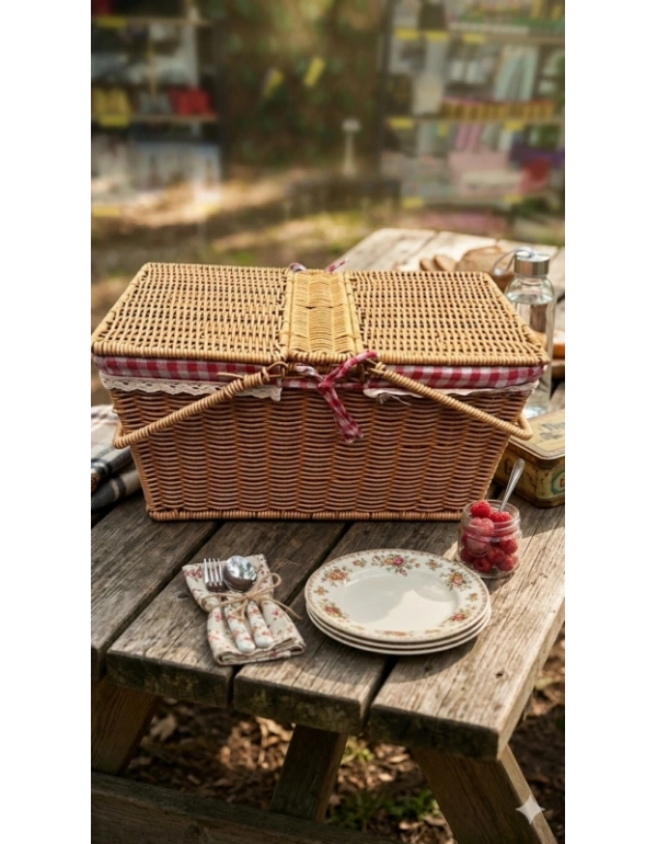Ç. Açık Renk Kare Rattan Hasır Piknik Sepeti Vintage Sepet