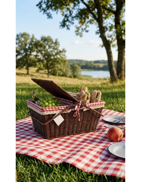 Ç. Koyu Renk Kare Rattan Hasır Piknik Sepeti Vintage Sepet
