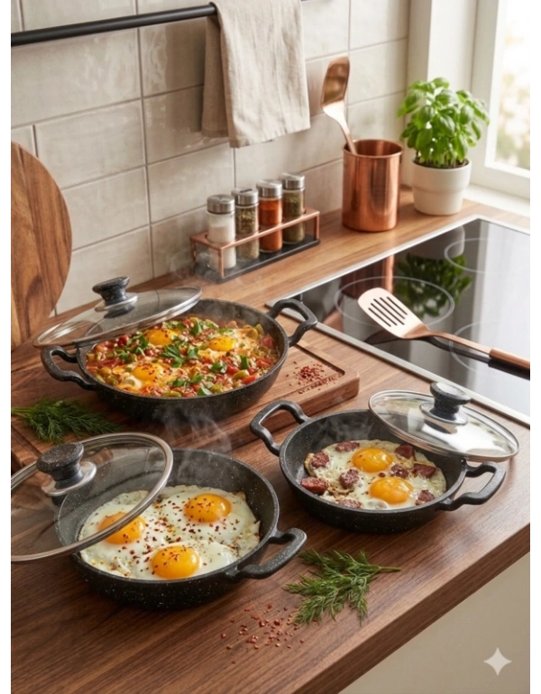 Hamarat Kapaklı 3Lü Granit Sahan Tava Seti 18 cm 20 cm 22 cm
