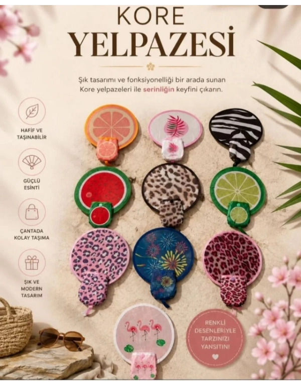 Kore Yelpaze Katlanabilir Kolay Taşınabilir Yuvarlak Mini Yelpaze Çantalı