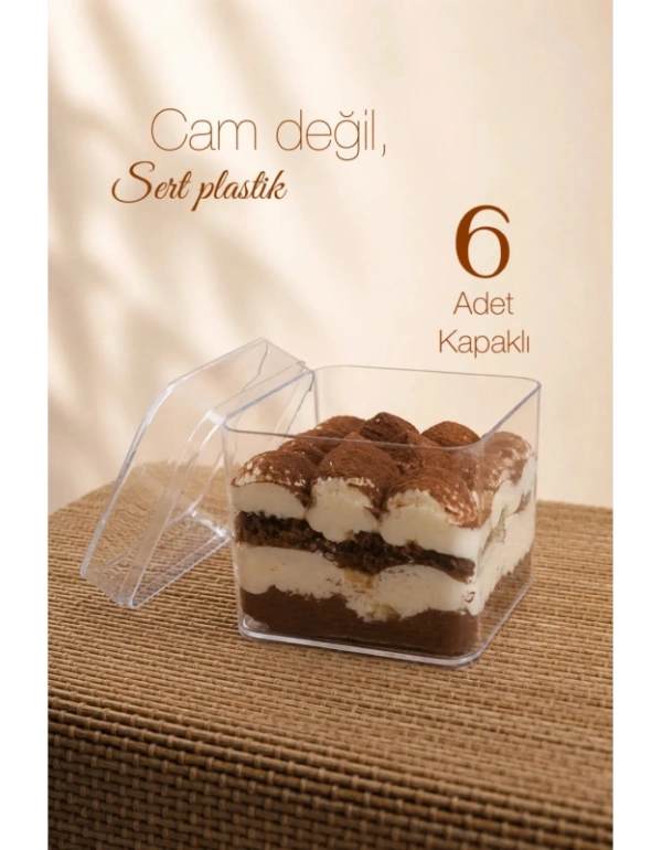 Sert Mika Plastik 6lı Kare Tiramisu Cup 250 cc  Şeffaf Kapaklı Sunum Kabı Tatlı & Meze ve Salata Kap