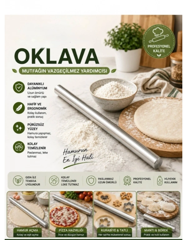 Alüminyum Oklava Profesyonel Hamur Açma Oklavası 40 Cm Bazlama Oklavası