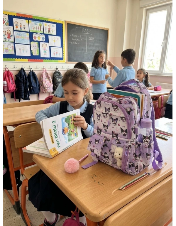 BS. Kawaii Kore Tarzı Aksesuarlı Ortopedik Yerli Günlük Okul Çantası Kuromi Karakter