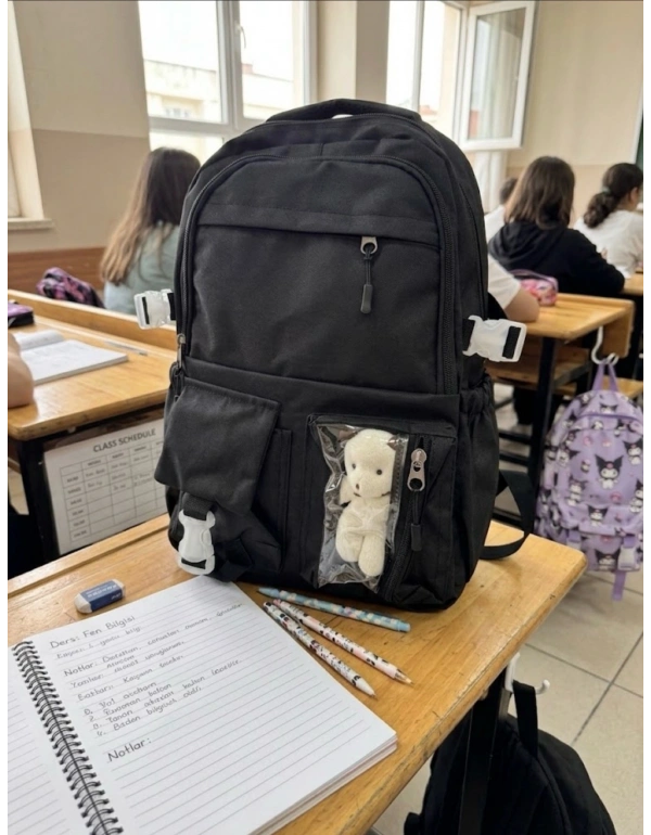 BS. Kawaii Kore Tarzı Aksesuarlı Ortopedik Yerli Günlük Okul Çantası Siyah
