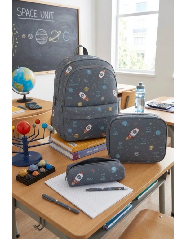 BS. Üçlü Okul Çanta 3 Lü Kalemlik Beslenme Okul Çantası Seti Astronot