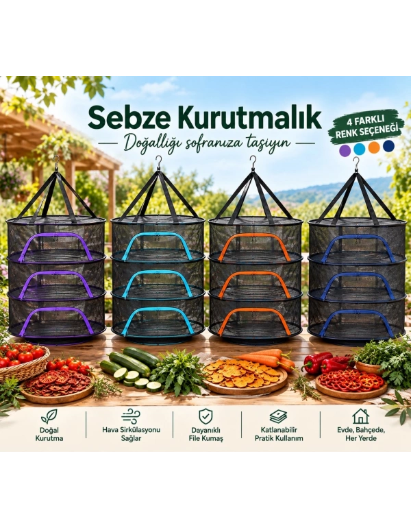 I. Renkli Oval Sebze ve Meyve Kurutma Filesi Kurutmalık 70 x 50 x 90 cm