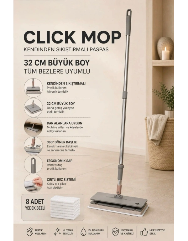 MİSS CLEAN ( 8 Adet Yedek Bezli ) 32 Cm Büyük Boy Tüm Bezlere Uyumlu Click Mop Kendinden Sıkıştırmalı Paspas