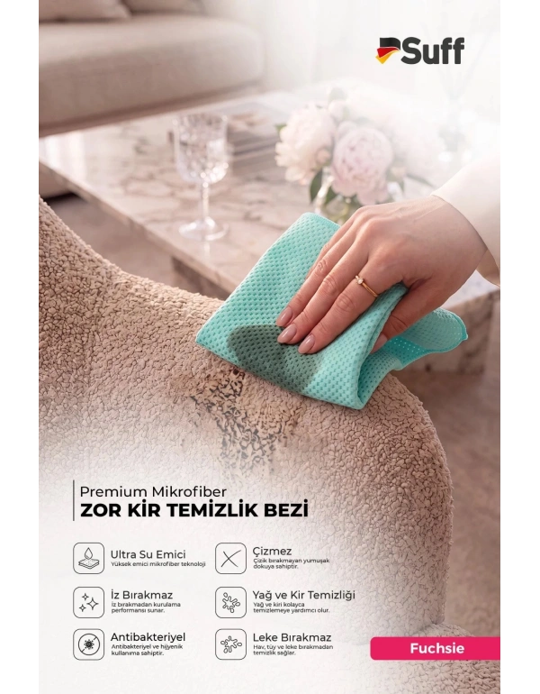 KK. Suff Fuchsie Mikrofiber Zor Kir Temizlik Bezi Geniş Alan Banyo Lavabo ve Armatür Temizlik Bezi 40x40 CM