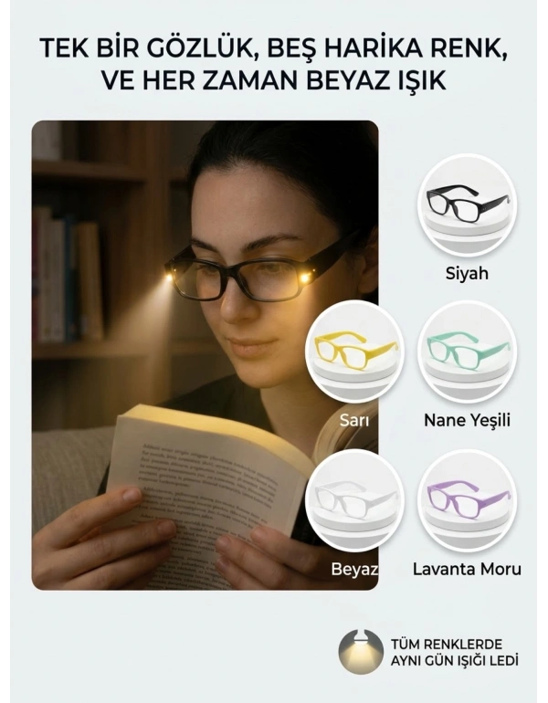 KK. LED Işıklı Kitap Okuma Gözlüğü, Renkli Çerçeve, Çift LED Ayrı Ayrı Eller Serbest Aydınlatma