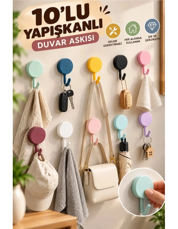 CT. Renkli 10 lu Plastik Kendinden Yapışkanlı Askı Seti