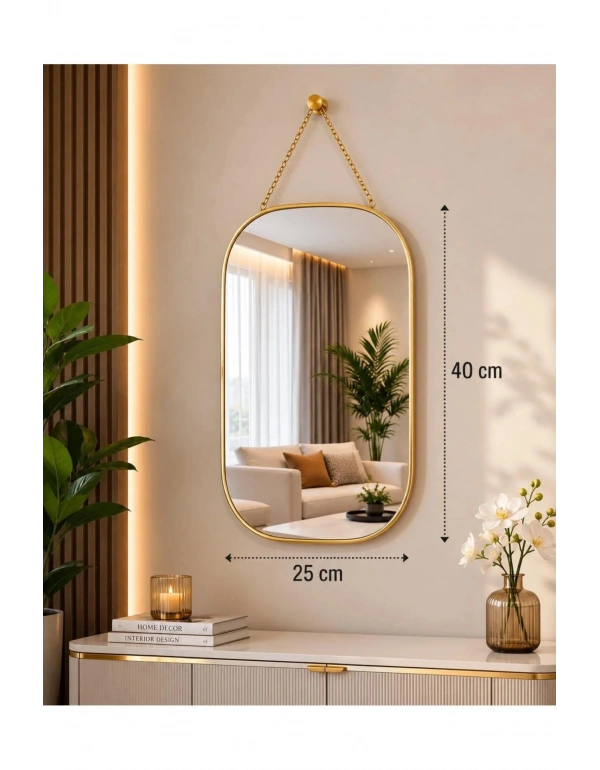 K. Dikdörtgen Çerçeveli Duvar Aynası Askılı Ayna Gold Sarı Çerçeveli Dekoratif Ayna 40x25 cm