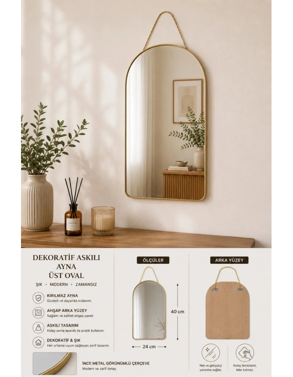 K. HOME Dekoratif Askılı Kırılmaz Duvar Aynası, Ahşap Arkalı, Üst Oval 40x24 cm