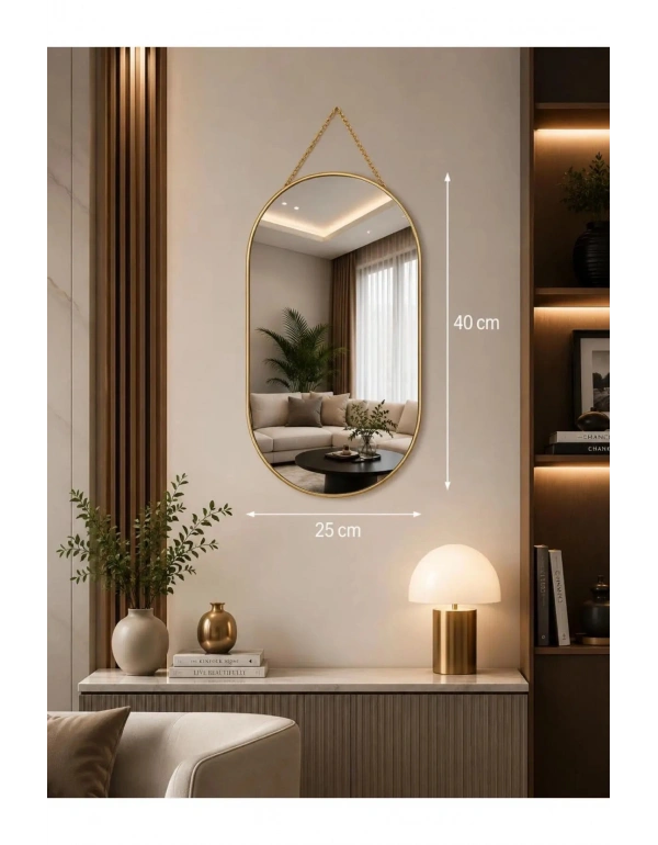 K. OVAL NO2 Model Dekoratif Askılı Kırılmaz Duvar Aynası, Ahşap Arkalı, Çift Oval 40x24 cm