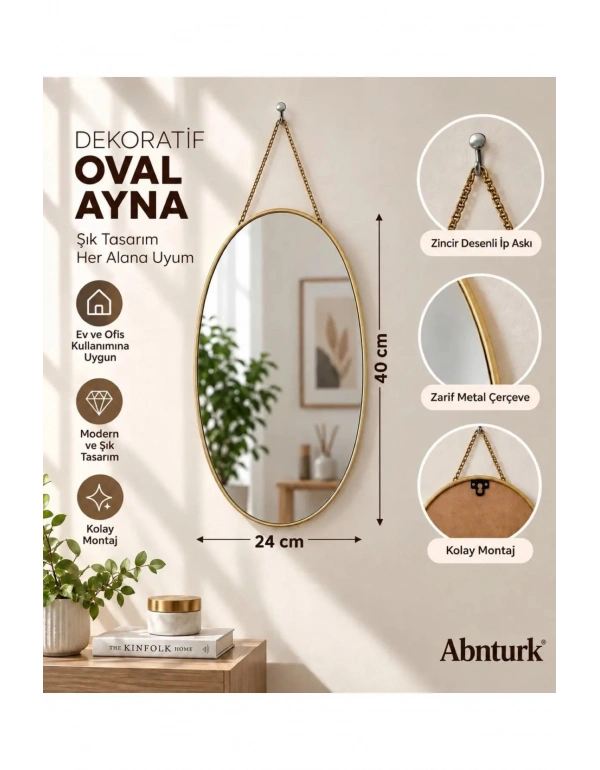 K. OVAL 40x24cm Dekoratif Duvar Aynası-Metal Çerçeveli Salon Mutfak Antre Banyo Aynası