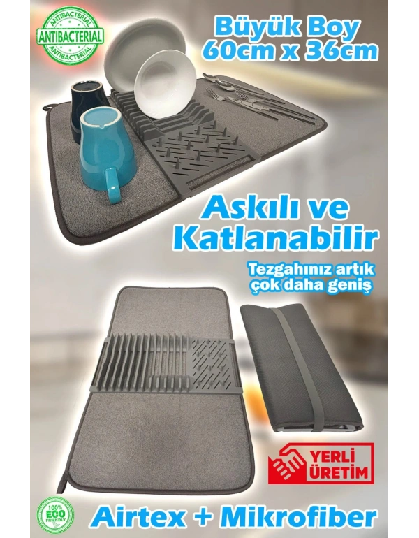 PM. Büyük Boy 36x60 cm Bulaşıklık Katlanabilir Matlı Mikrofiber Katlanır Bez Mat Tezgah Kurutma GRİ