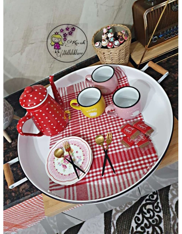 Ahşap Kulplu Country Tarzı Büyük Boy Beyaz Tepsi 51CM