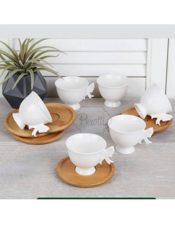 BAMBU TABAKLI PORSELEN KAHVE FİNCAN TAKIMI 6LI
