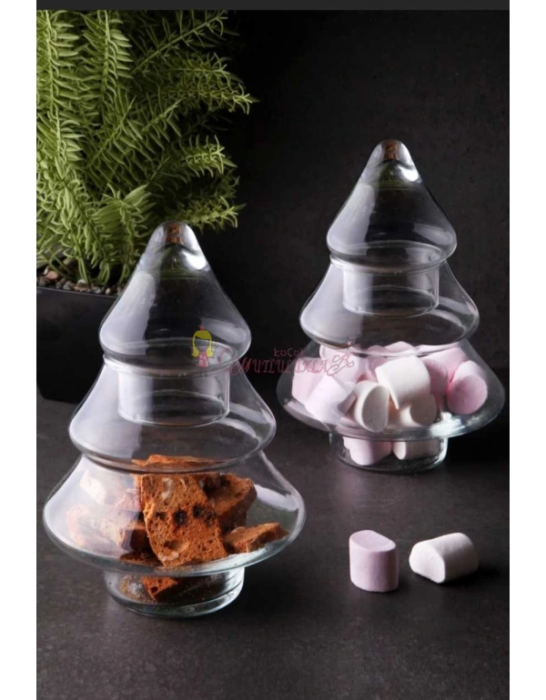 Çam Ağacı Şeklinde Kapaklı Cam Kurabiyelik & Şekerlik Drajelik