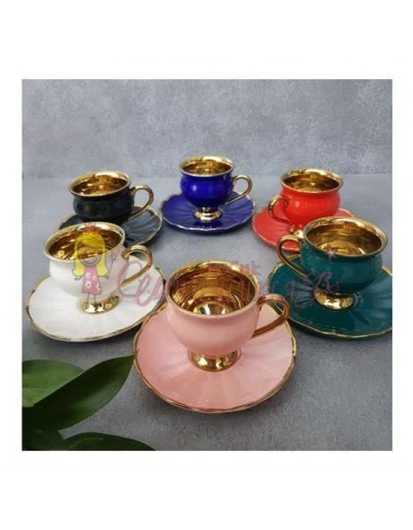 Gold Detaylı Renkli Lux Kahve Fincani
