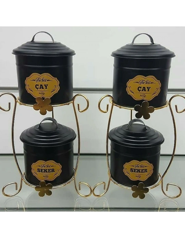 GOLD RENK STANDLI LÜX METAL ÇAY ŞEKER KAVANOZ SETİ