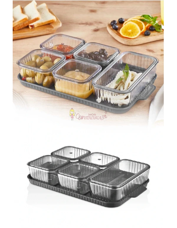 Lüx 5 Bölmeli Tepsili Antrasit ve Sefaf  Kristal Kahvaltılık Saklama Kabı
