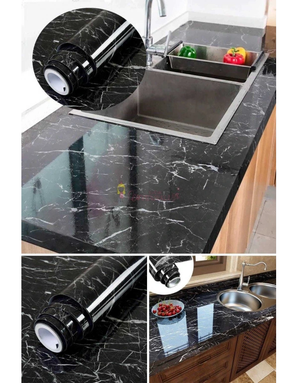 Mermer Desenli Yapışkanlı Kaplama Kağıdı Siyah