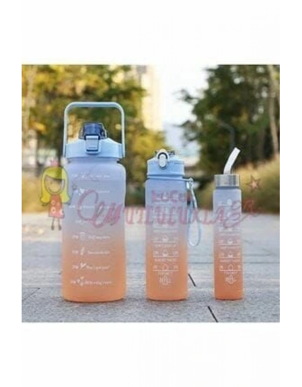 Motivasyonel 3lü Set Su Matarası Su Şişesi Suluk 2lt+900ml+500ml Tritan Spor Salonu Su Şişesi Suluk