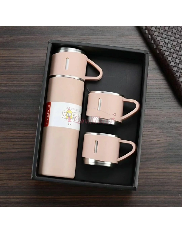 Paslanmaz Çelik Termos Renk 3 Bardaklı Termos Seti Vakumlu Termos Set Çanta Hediyeli