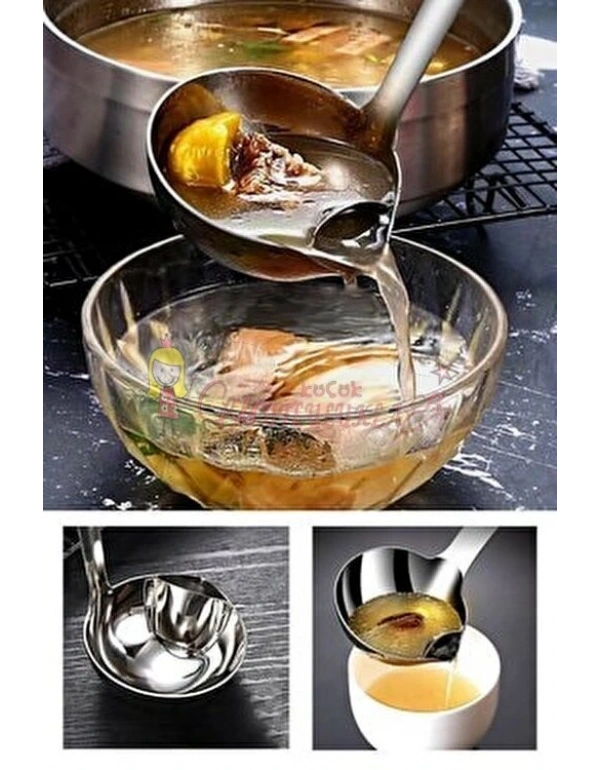 Paslanmaz Yağ Ayırıcı Çorba Kepçesi Sıvı Ve Katı Yemek Ayırıcı Hazneli Uzun Saplı Kepçe