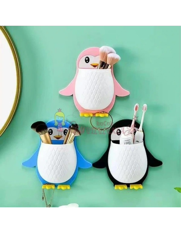 Penguen Tasarımlı Diş Fırça Macun Kutusu Yapışkanlı Çok Amaçlı Organizer