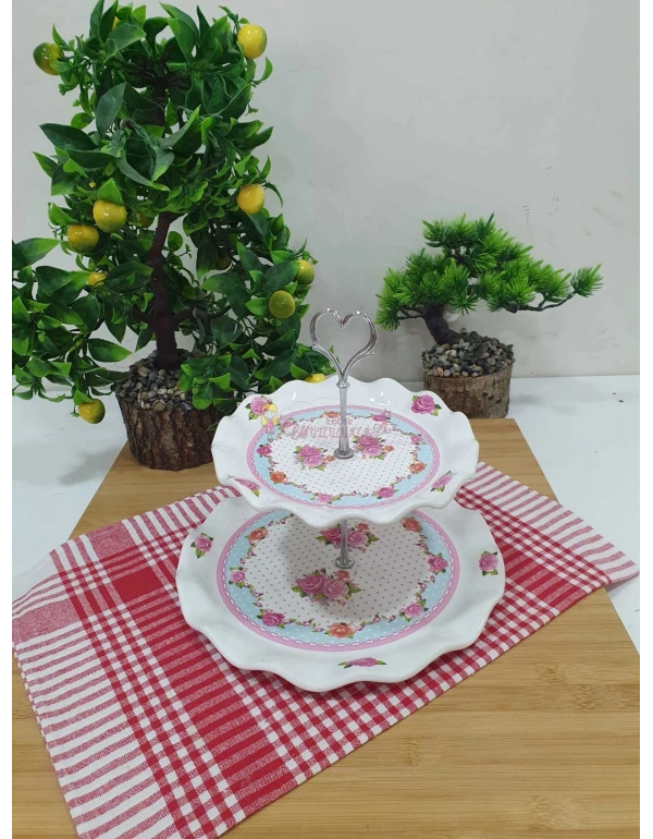 Porselen Desenli 2 Katlı Şekerlik Kurabiyelik