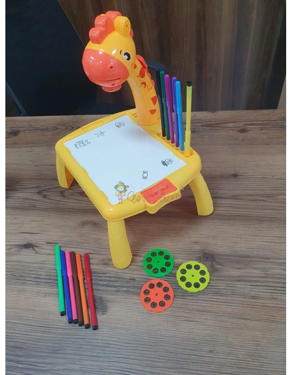 Projeksiyonlu Turuncu / Pembe  Zürafa Mini Çizim Masası 12 Renk Boya Kalemi Seti ve Çizim Defteri