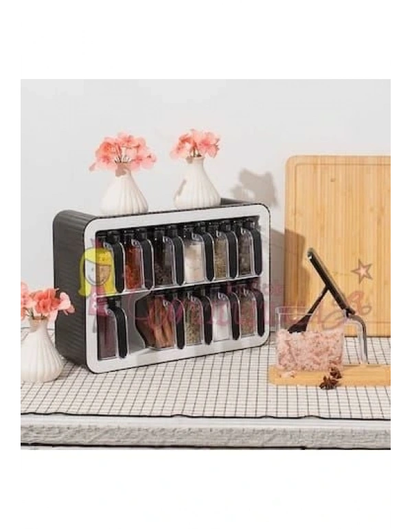 ﻿12 li Standlı Kendinden Yapışkanlı Kaşıklı Kapaklı Baharatlık Takımı ( siyah )