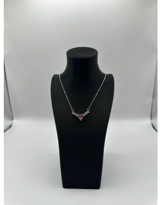 Pembe Taşlı Kalpli Kolye | Çelik