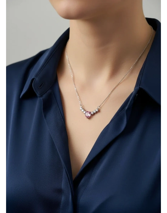 Pembe Taşlı Kalpli Kolye | Çelik