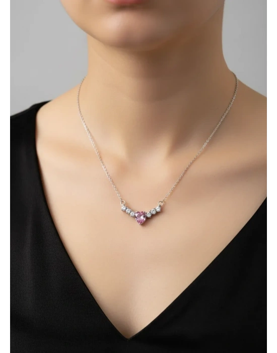 Pembe Taşlı Kalpli Kolye | Çelik
