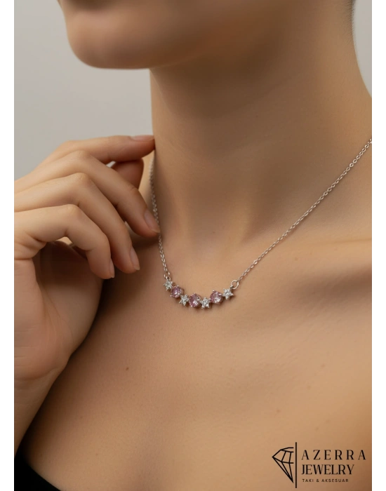 Pembe Taşlı Yıldızlı Kolye | Çelik