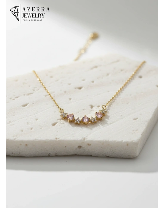 Pembe Taşlı Yıldızlı Gold Renk Kolye | Çelik