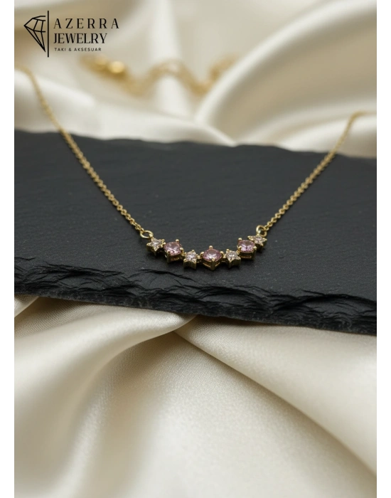 Pembe Taşlı Yıldızlı Gold Renk Kolye | Çelik